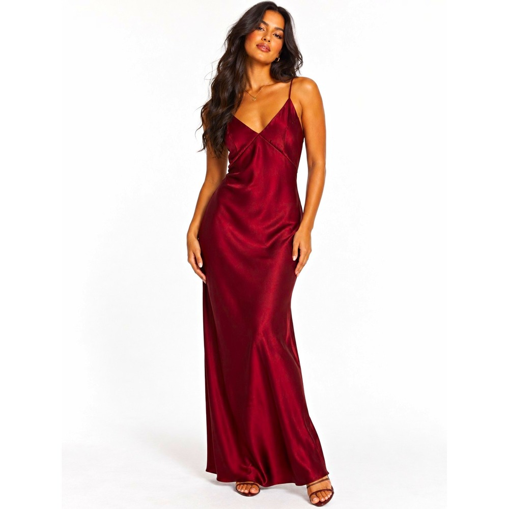 A New Day Burgundy Satin Maxi Slip Dress Y2K 90s V-Neck Split Hem Large
